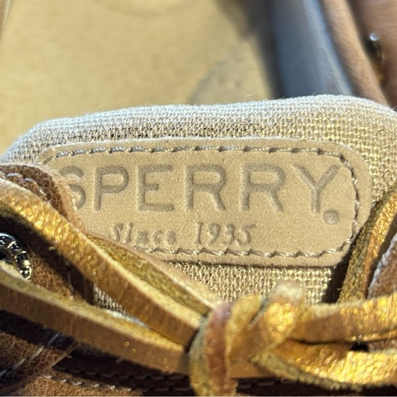 Sperry Top Sider ANGELFISH Tan Leather Gold Sparkle Linen Boat Shoes 7.5 women - Picture 7 of 8